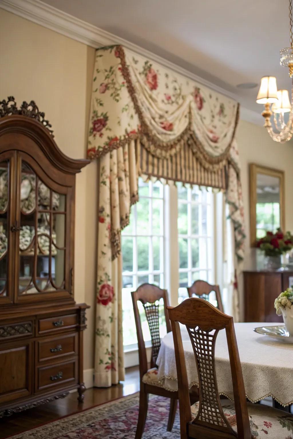 Timeless scalloped valance in a cozy dining room setting.