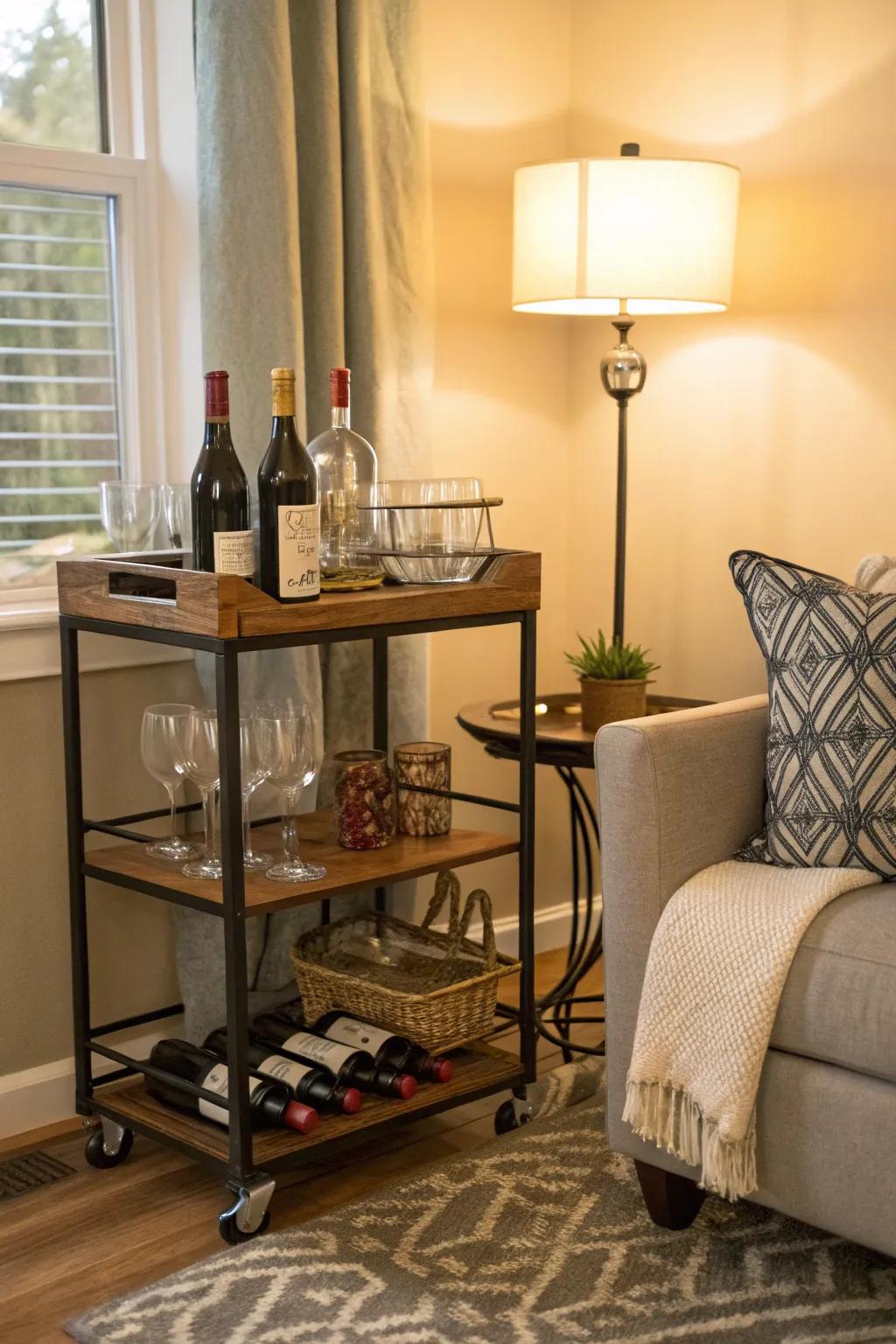 A cozy corner wine nook in a living room.