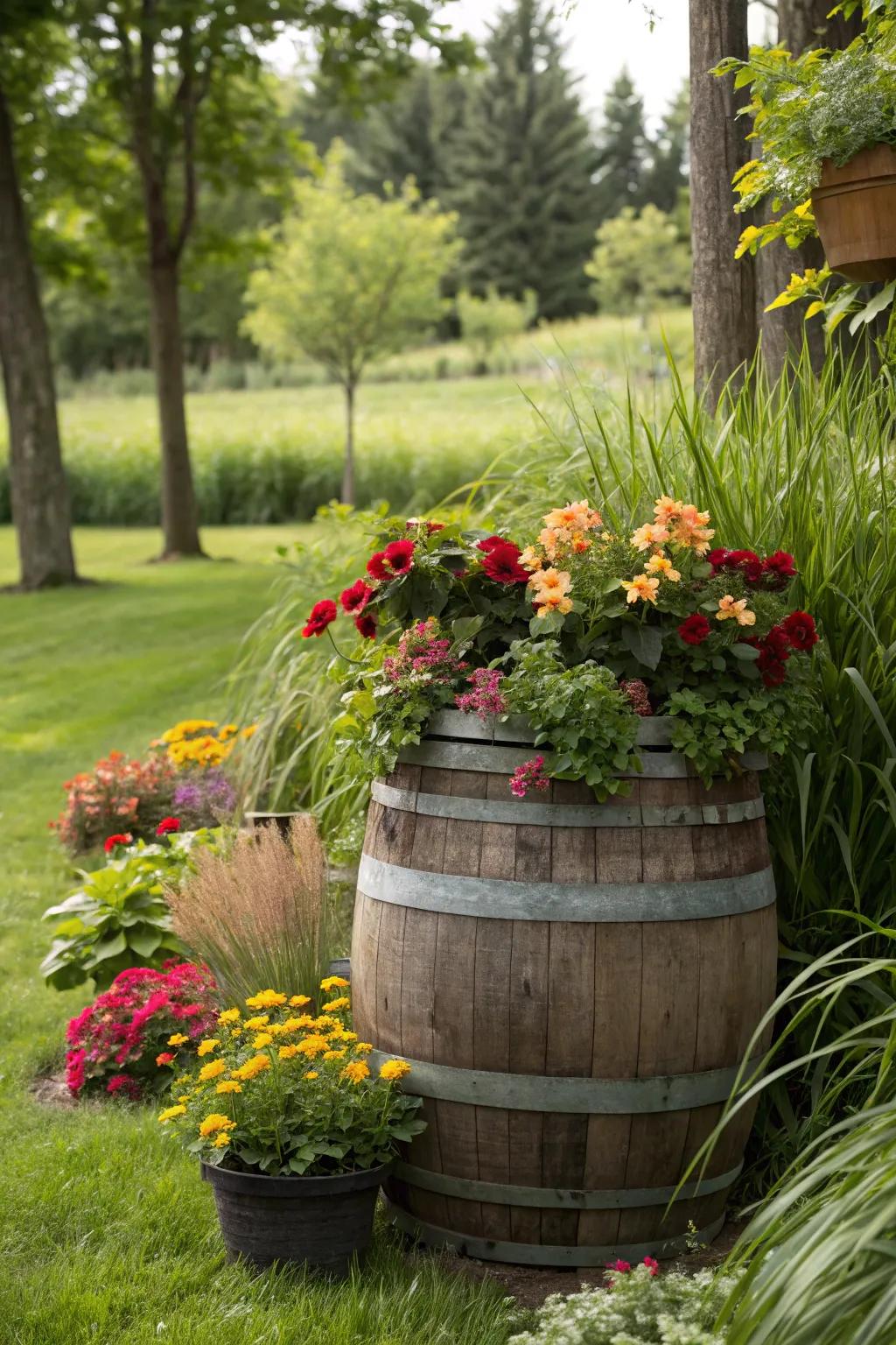 Wine barrel planters add a rustic charm to any garden.