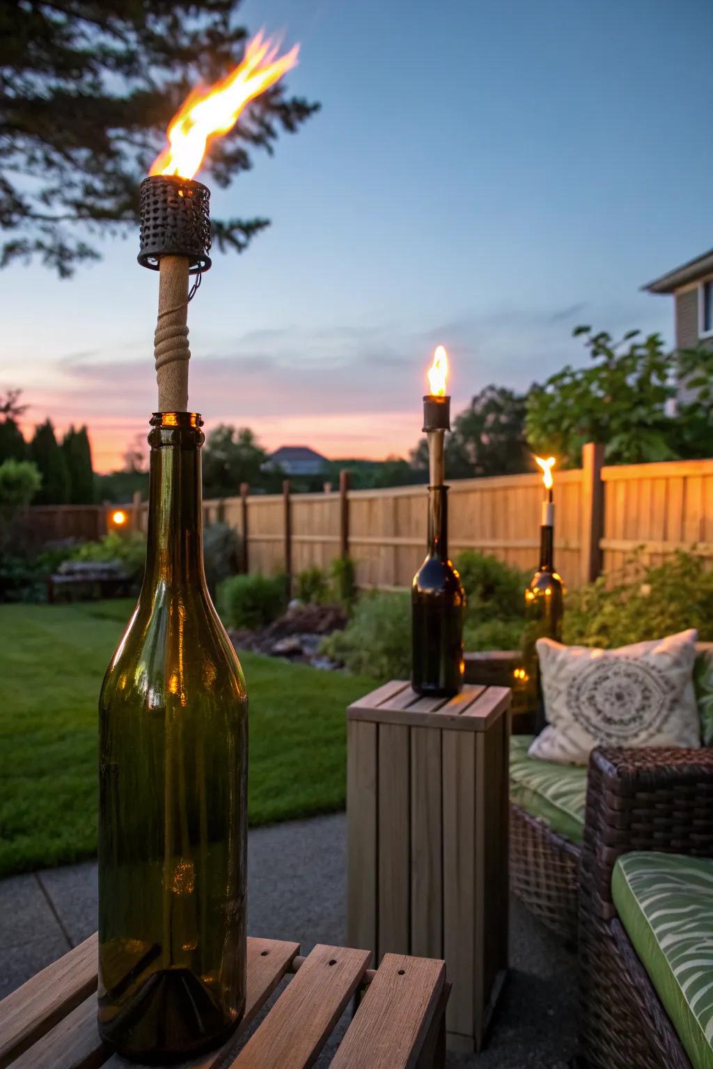 Transform wine bottles into enchanting tiki torches.