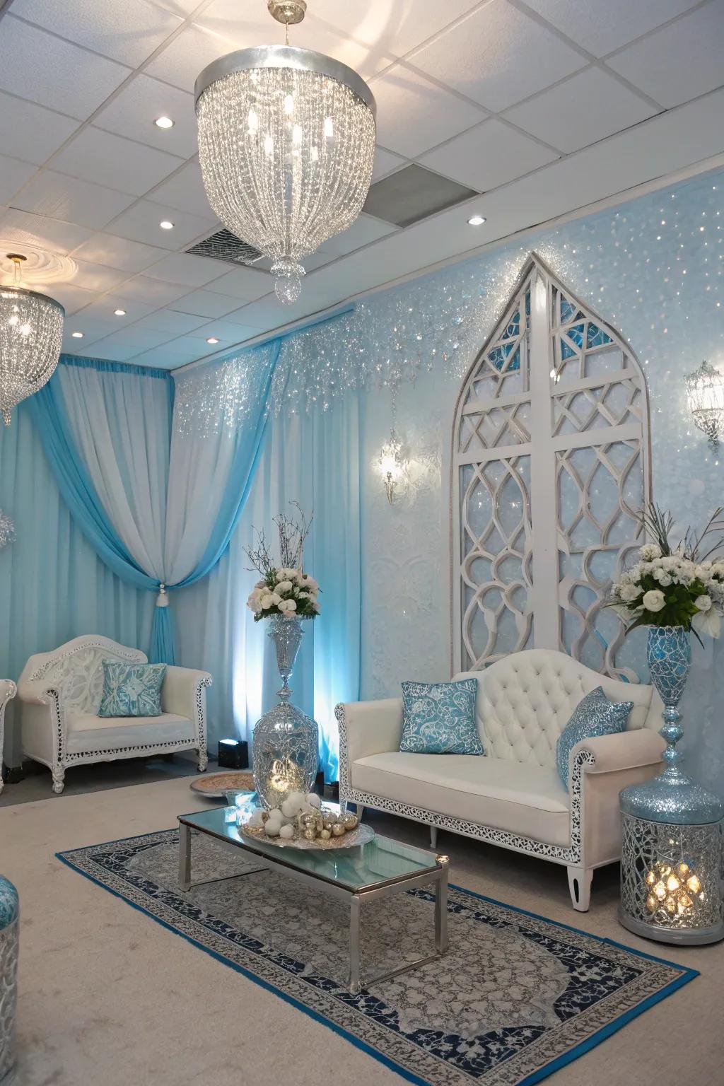 A room transformed with a winter color palette of blues and whites.