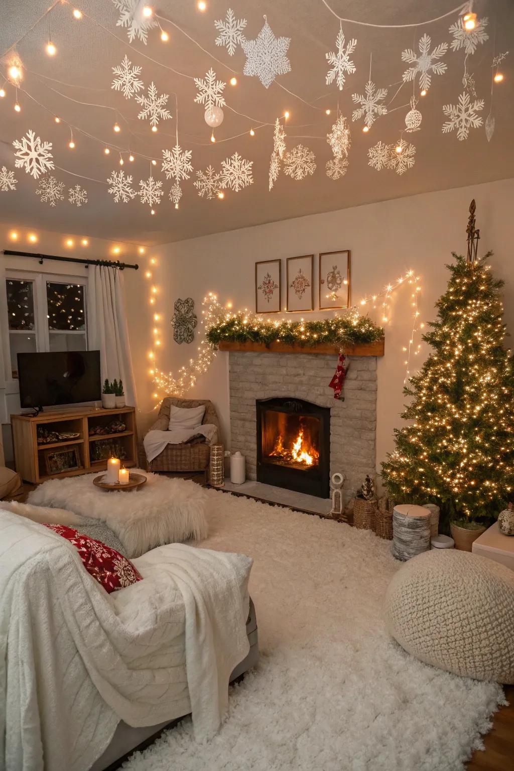 Turn your space into a winter wonderland with faux snow and twinkling lights.