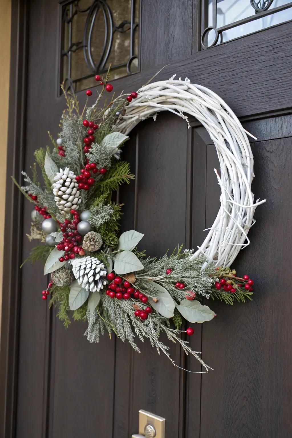 A classic white grapevine wreath adds a touch of elegance to winter decor.