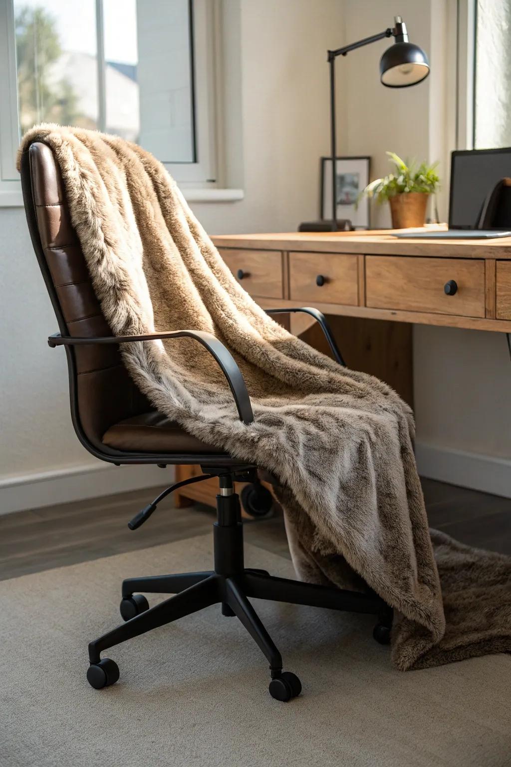 A cozy throw adds warmth and style to any office chair.