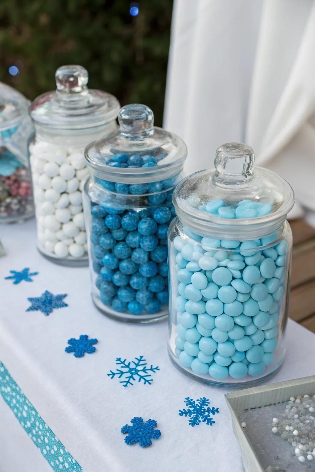 Frosty blue candy jars add a pop of winter color to your table.