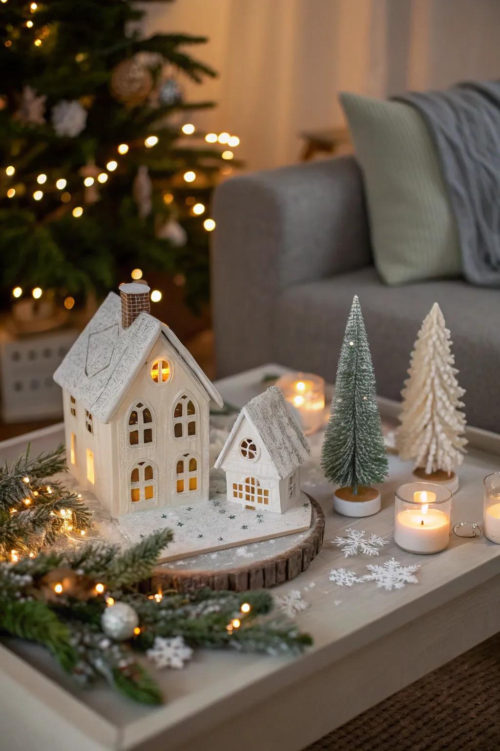 A miniature snowy village brings a whimsical touch to your decor.