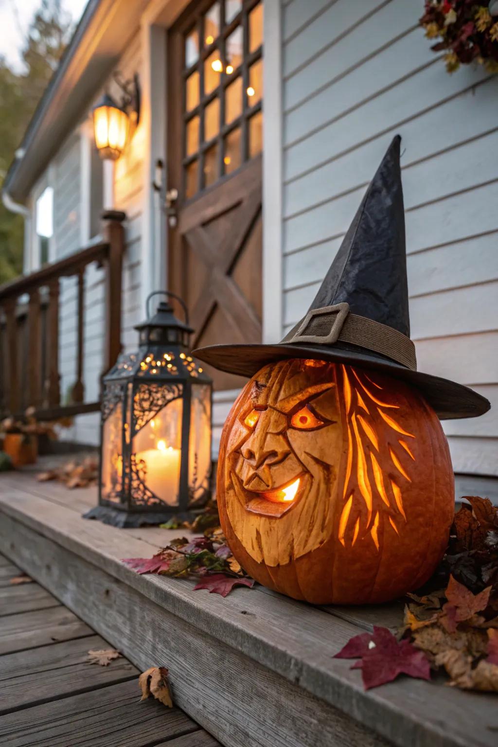 Classic witch face pumpkin with a pointed hat, glowing on a rustic porch.