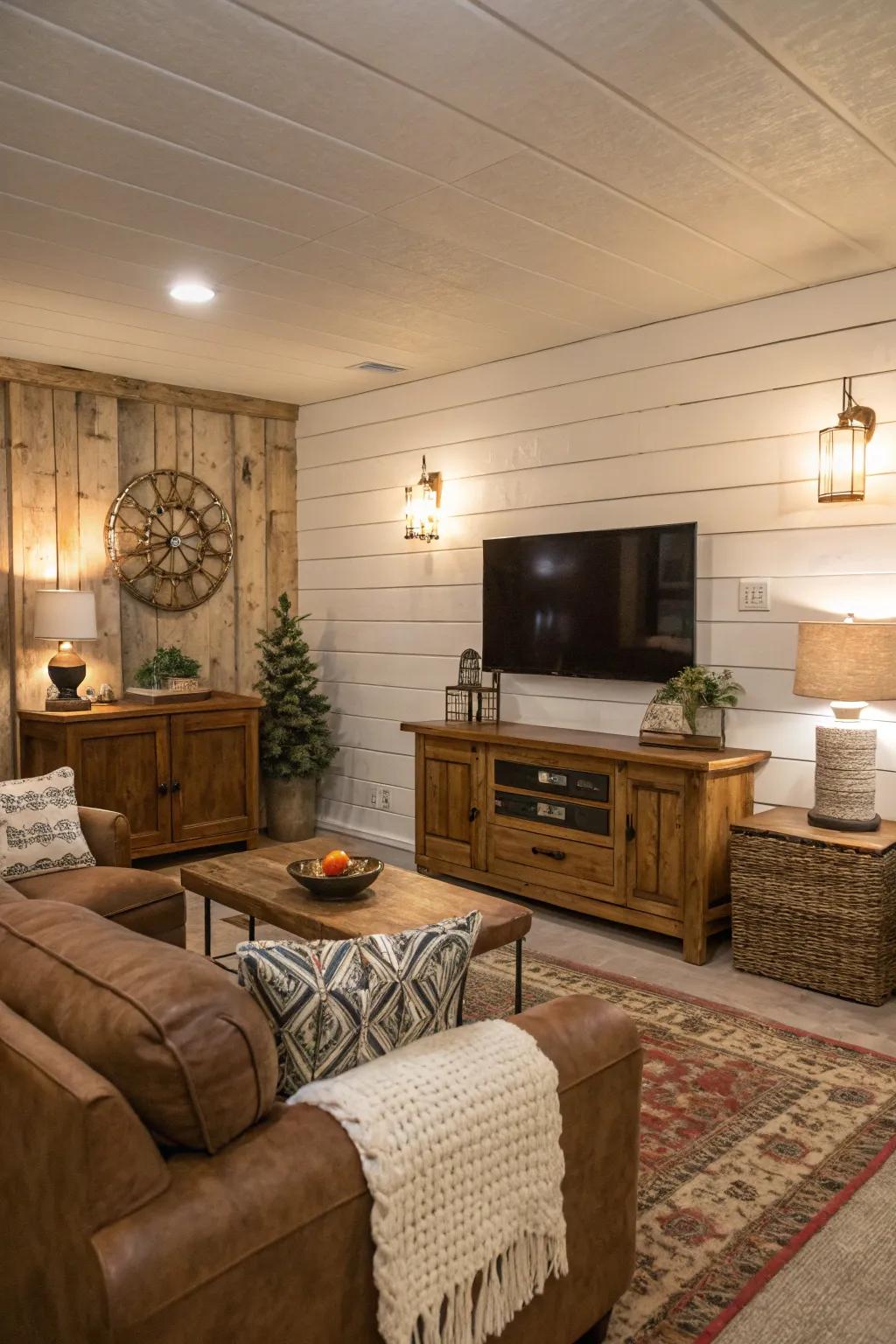 A living room showcasing a classic shiplap accent wall.