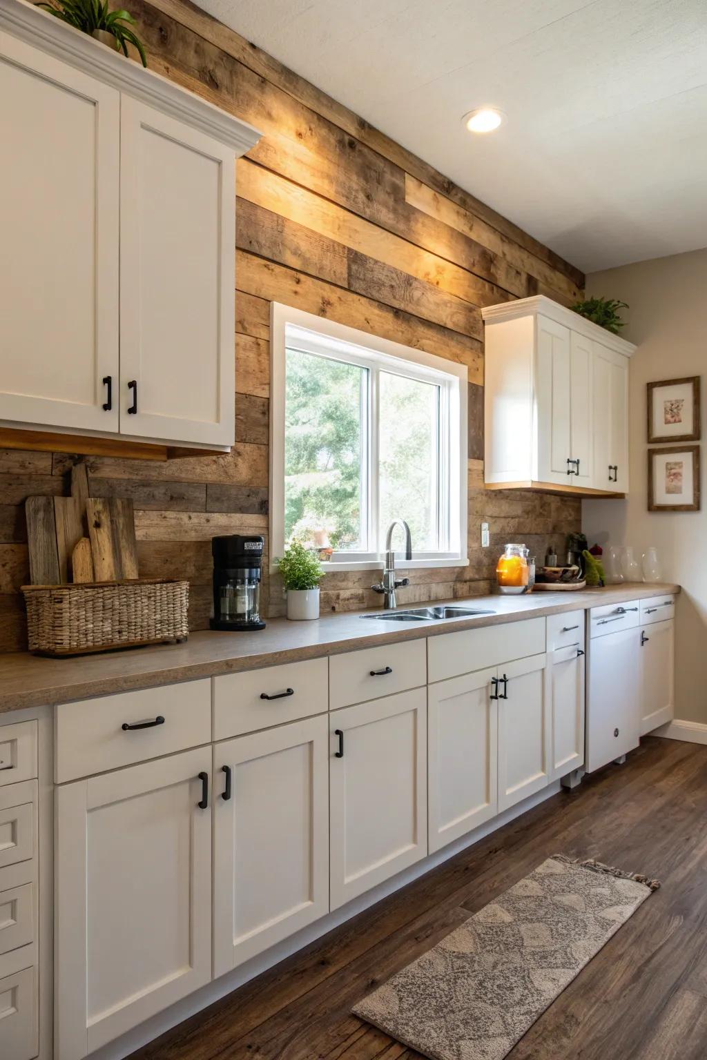 A kitchen featuring a reclaimed wood backsplash that adds character and warmth.