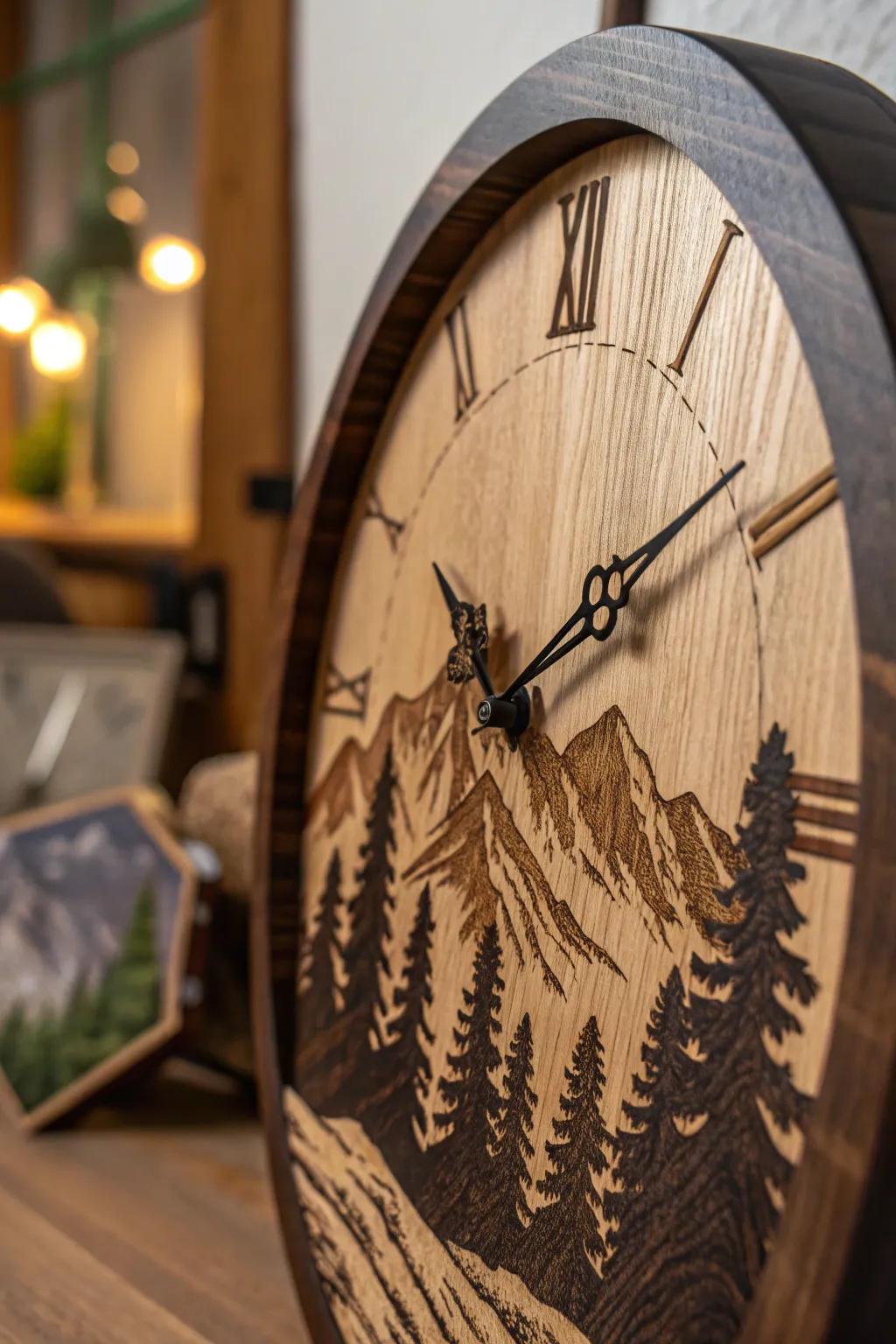 Escape to tranquility with every tick of this handcrafted wooden mountain clock.