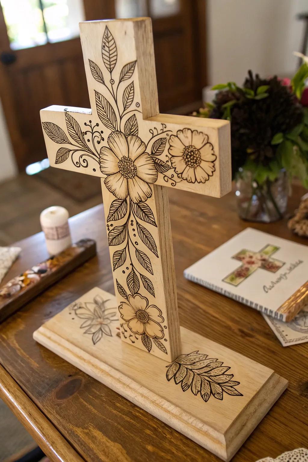 A rustic floral design brings warmth to this wooden cross.