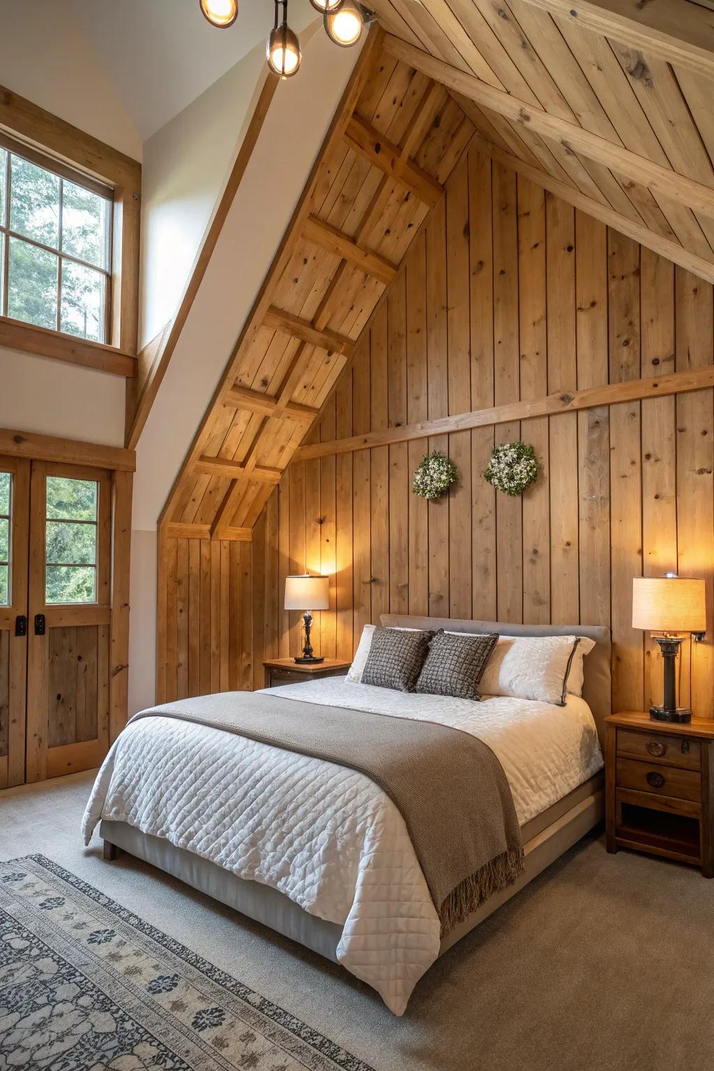 Bedroom featuring classic board-and-batten paneling extending to the ceiling.