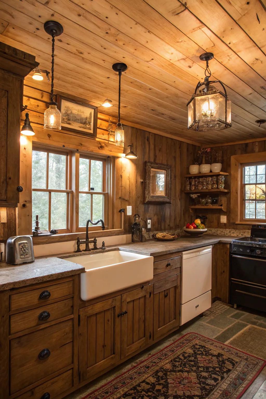 Rustic charm meets modern functionality in this kitchen with a wood plank ceiling.