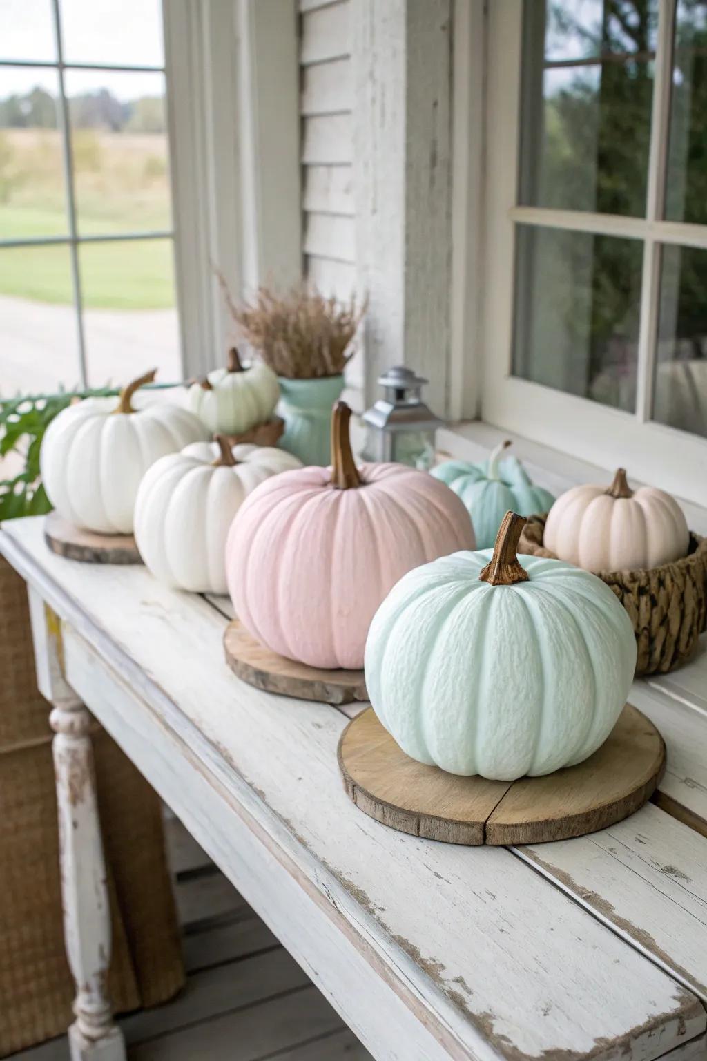 Rustic charm with chalk-painted wooden pumpkins.