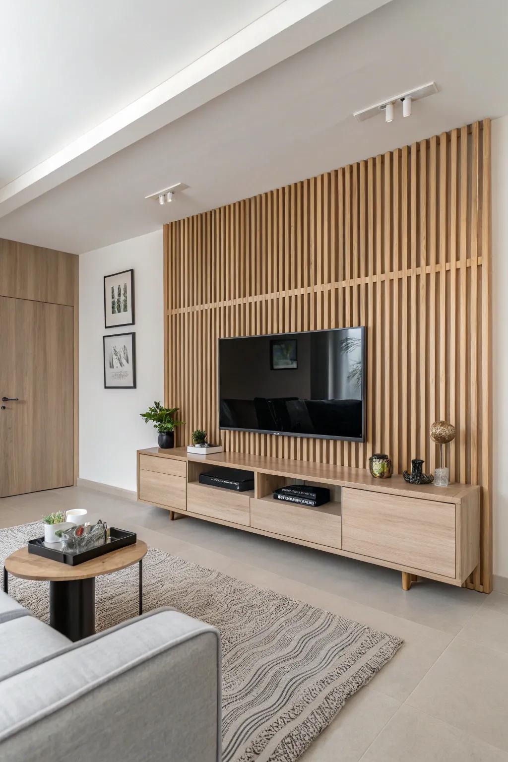 A minimalist approach to a wood slat TV wall keeps things sleek and elegant.