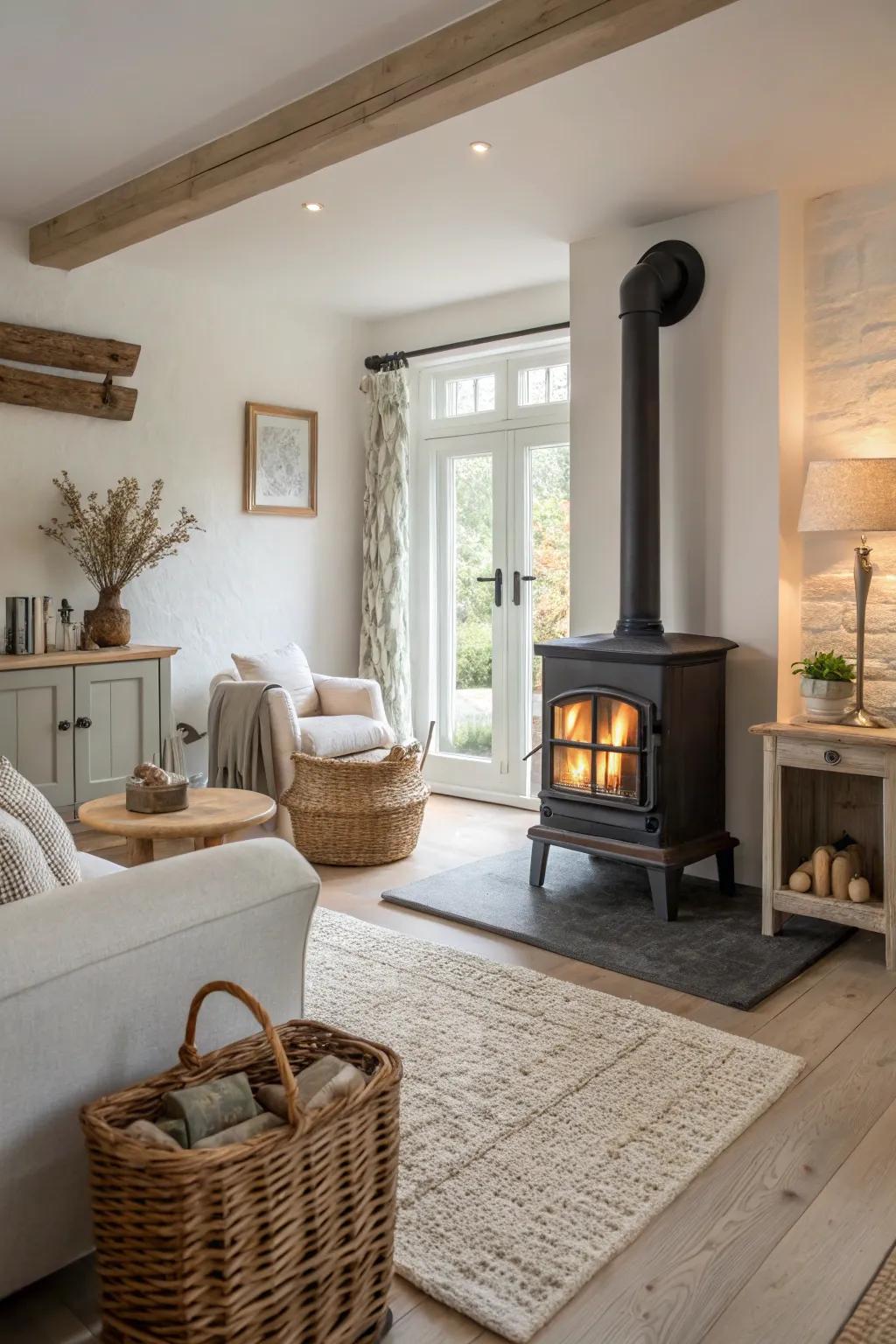 A modern living room where a traditional wood stove adds a touch of warmth and charm.