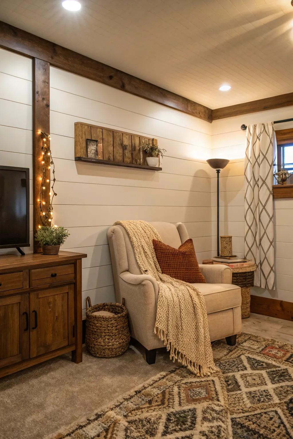 Cozy living room with a classic horizontal shiplap accent wall.