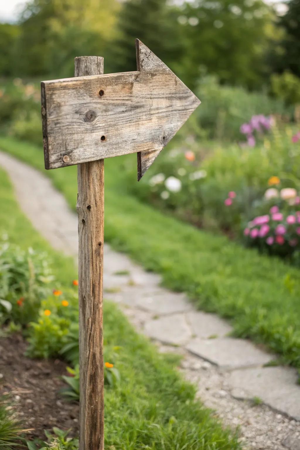 Guide your way with rustic charm: handcrafted wooden arrow signs for your garden.