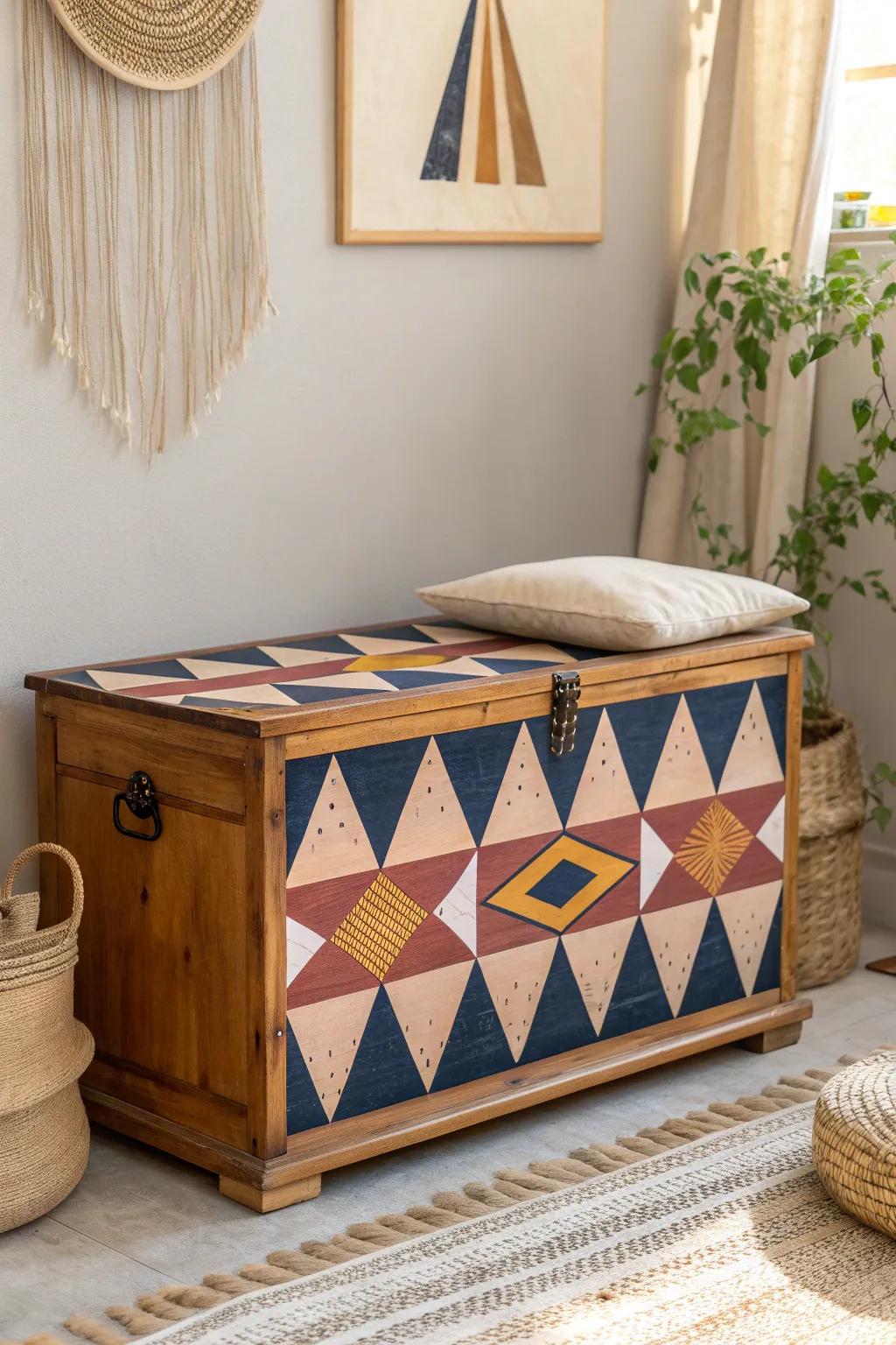 Transform your space with bold geometric patterns on a wooden chest—where craftsmanship meets modern artistry.
