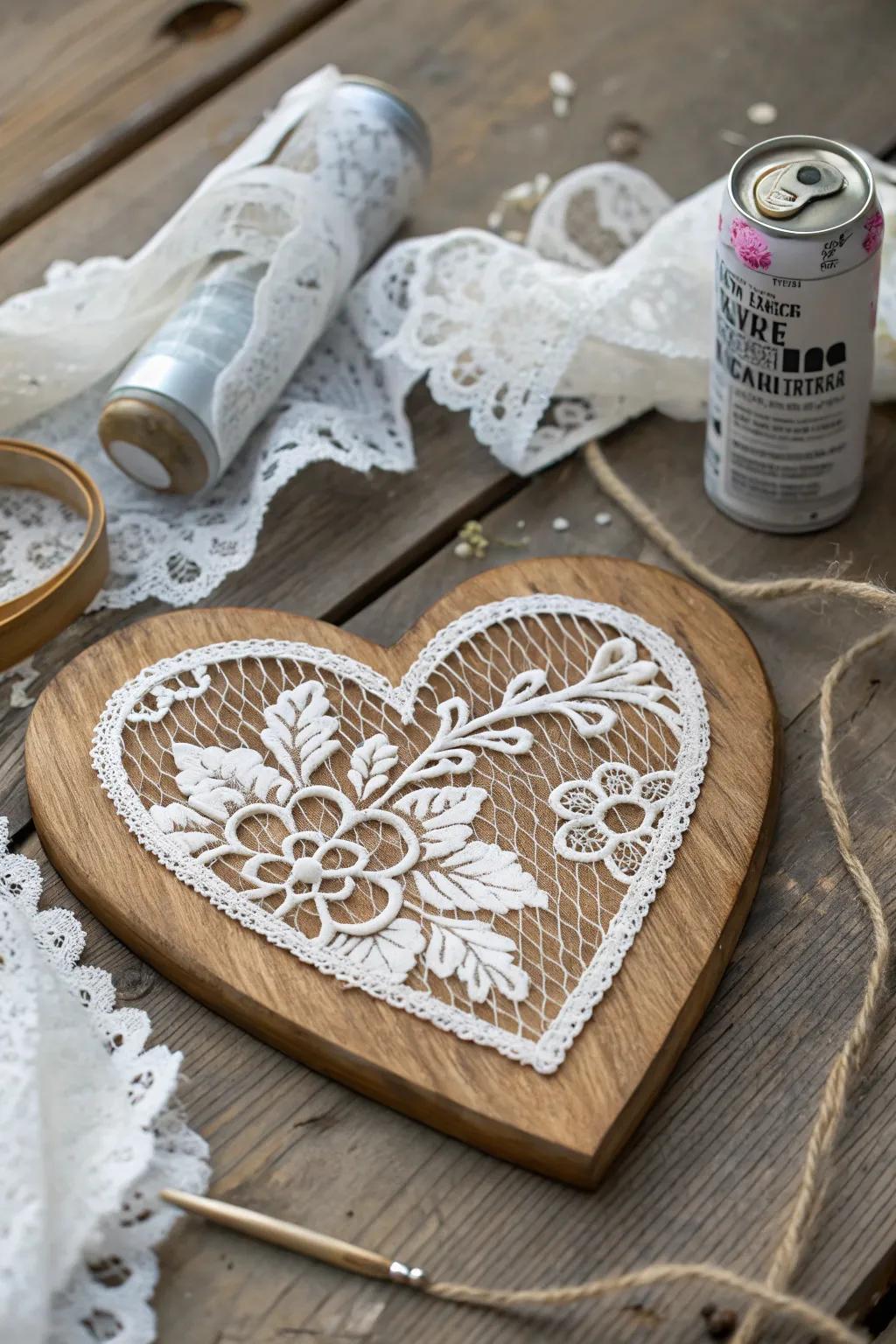 Create a delicate lace pattern on your wooden heart for an elegant look.