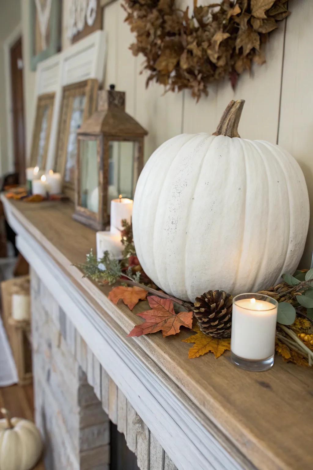 A chalky white wooden pumpkin adds a touch of farmhouse elegance.