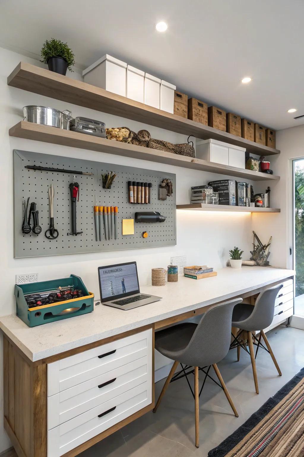 Floating shelves add style and function to your workbench.