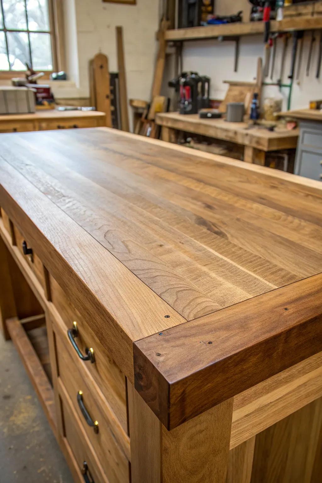 Embrace timeless elegance with a polished wooden workbench top that adds warmth and character to any workspace.