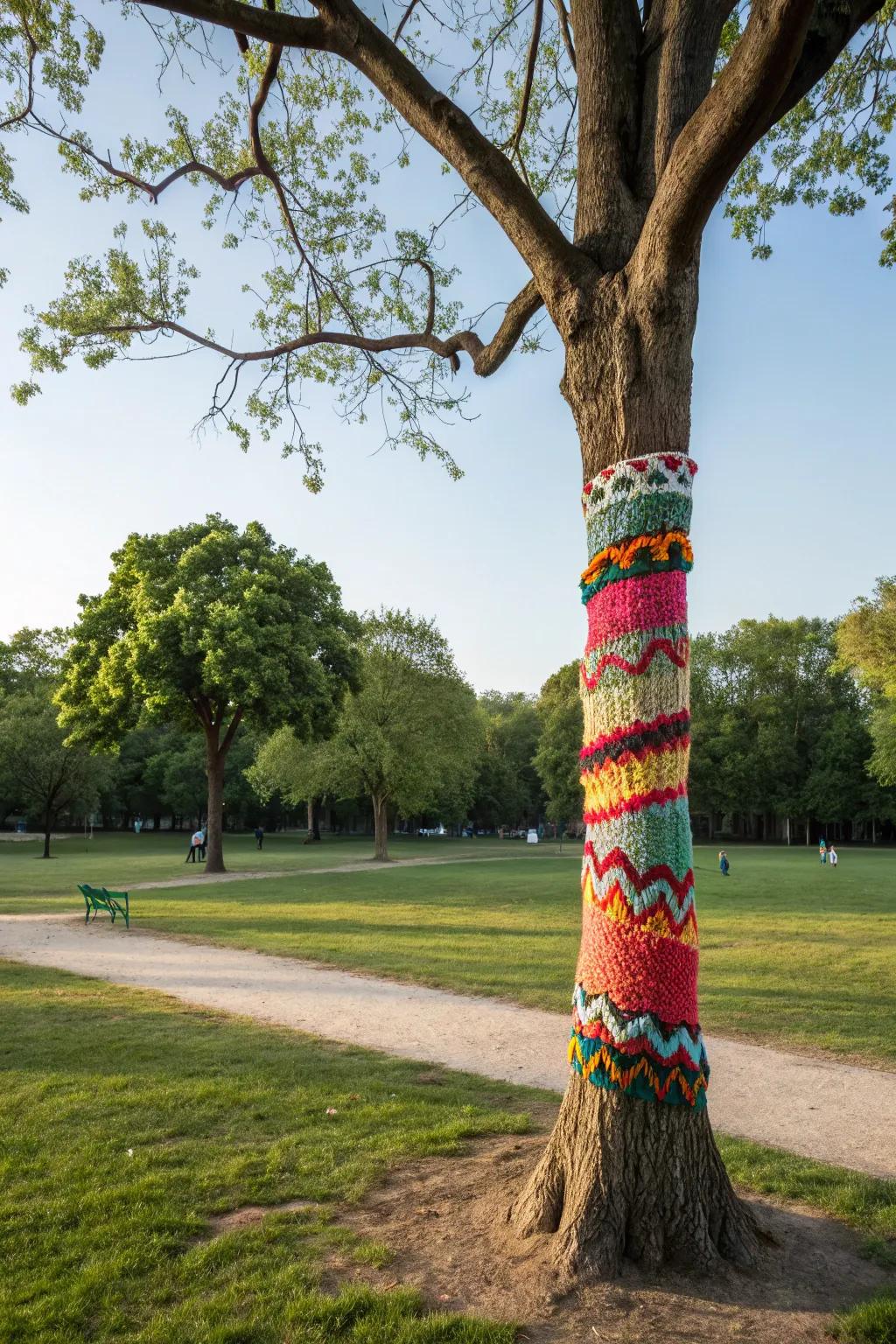 A cozy tree trunk sweater brings warmth and color to the park.