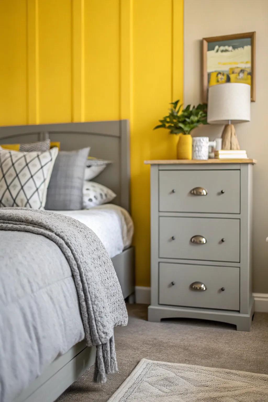 A vibrant yellow accent wall enhances a soft grey bedroom setting.