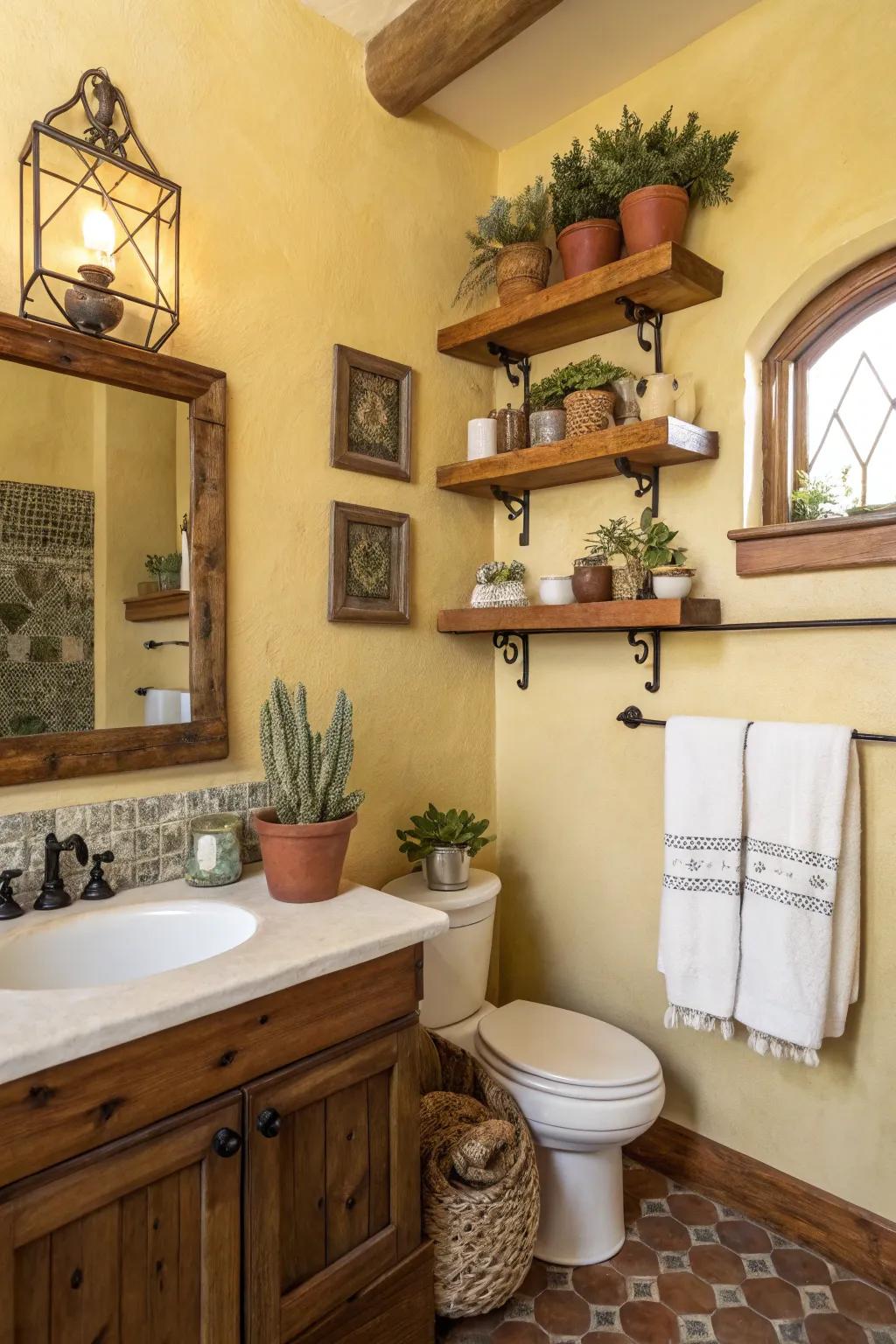 A Southwestern style bathroom with calming pale yellow tones and natural accents.