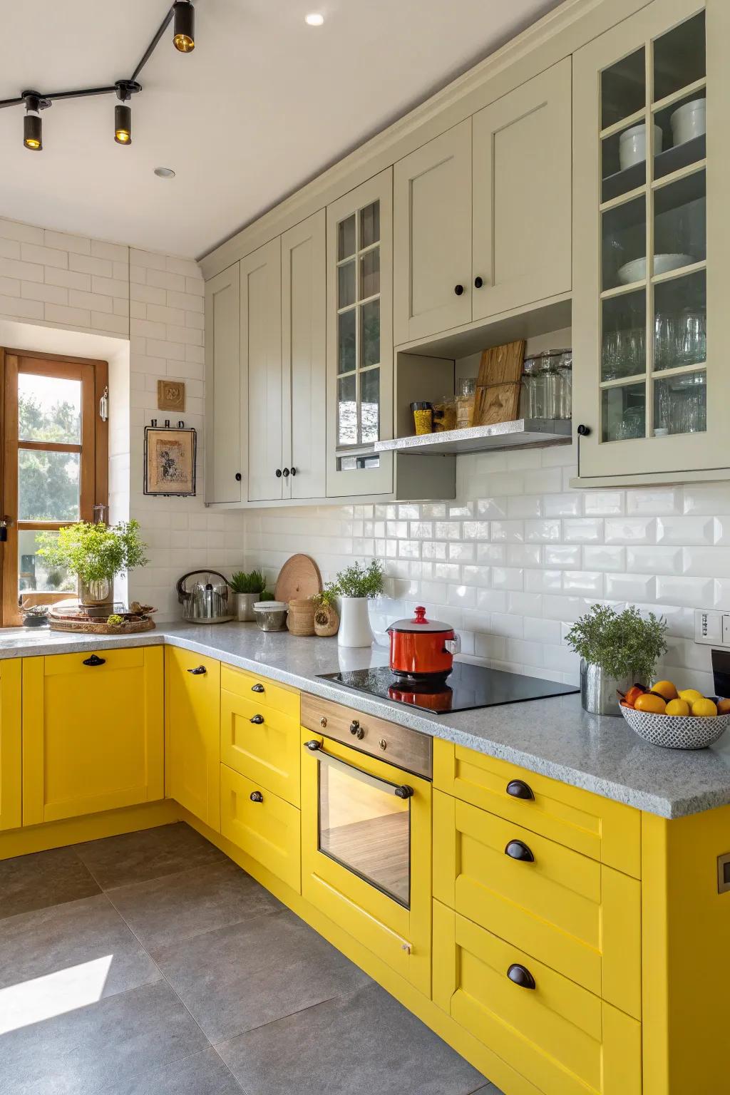 Cheery yellow cabinets paired with grey countertops make for a vibrant kitchen.