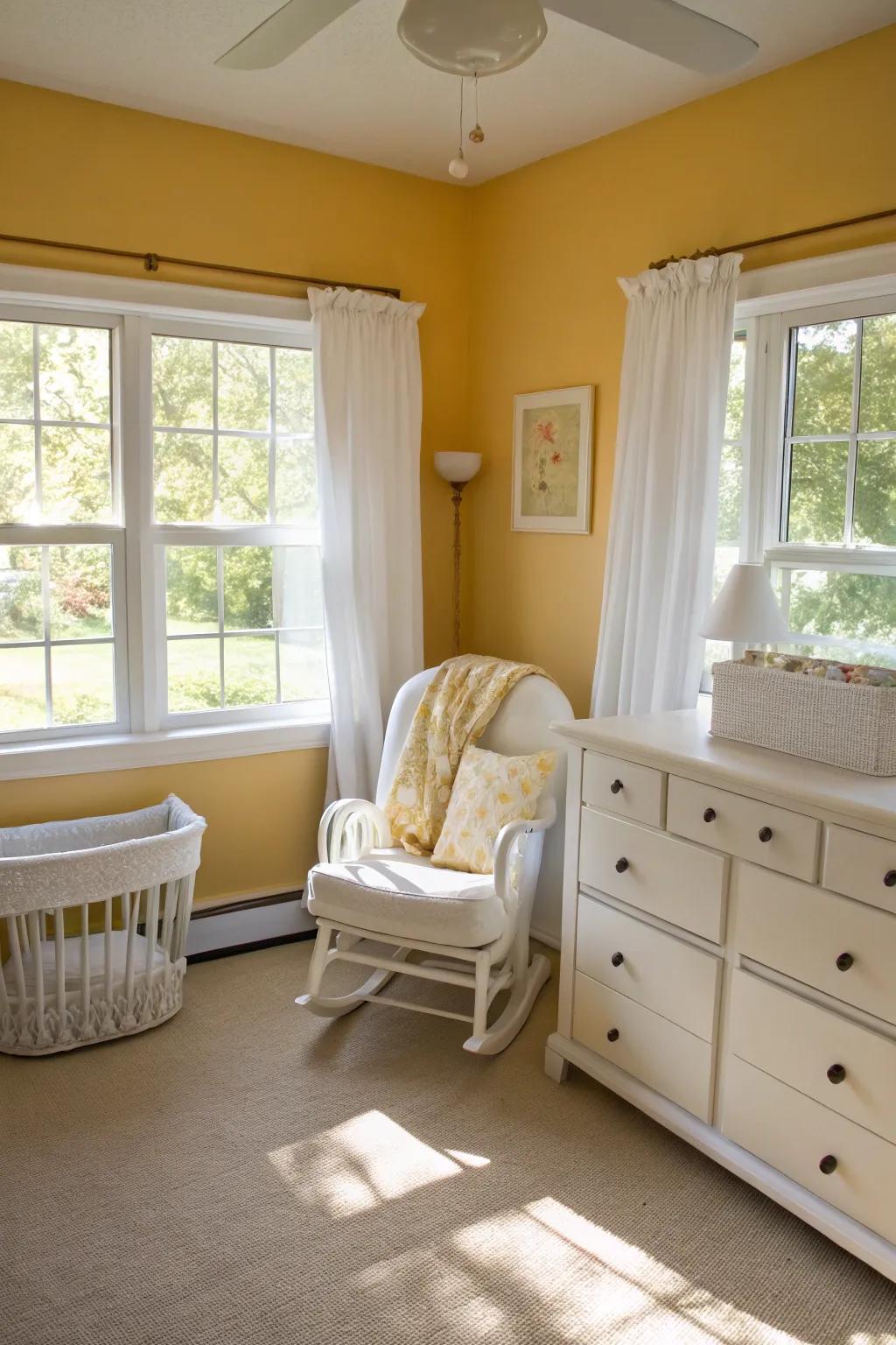 A nursery with sunny yellow walls that create a warm and cheerful atmosphere.