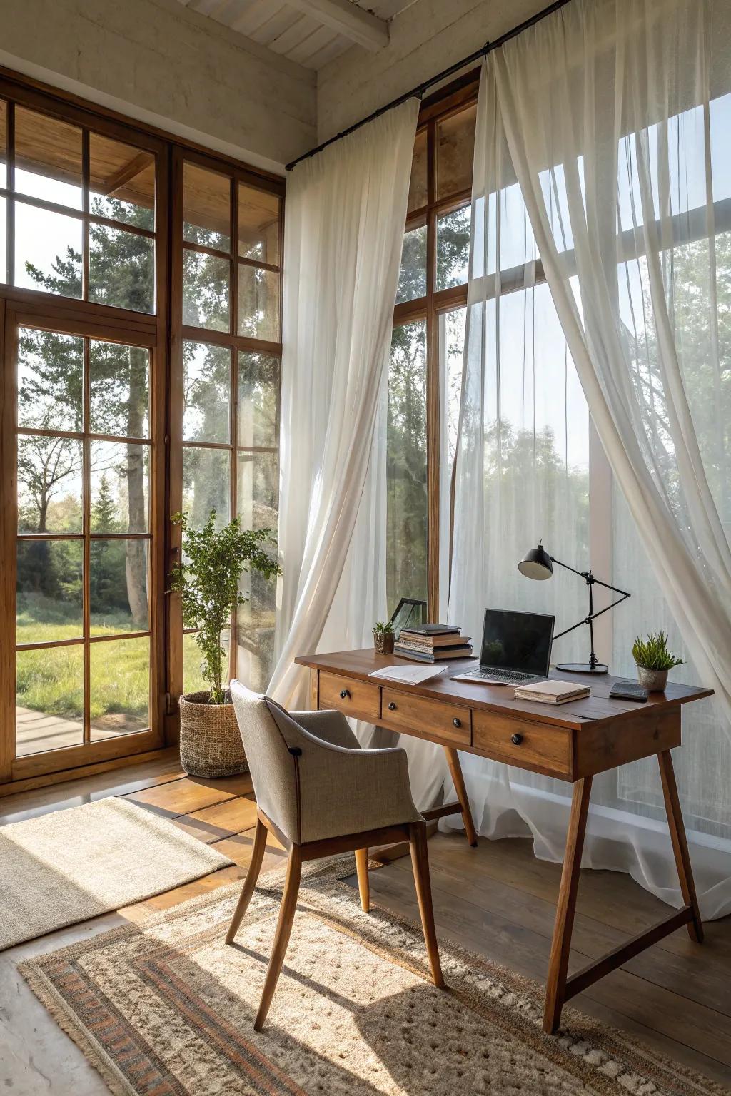 Natural light flowing through sheer curtains creates a soothing workspace.