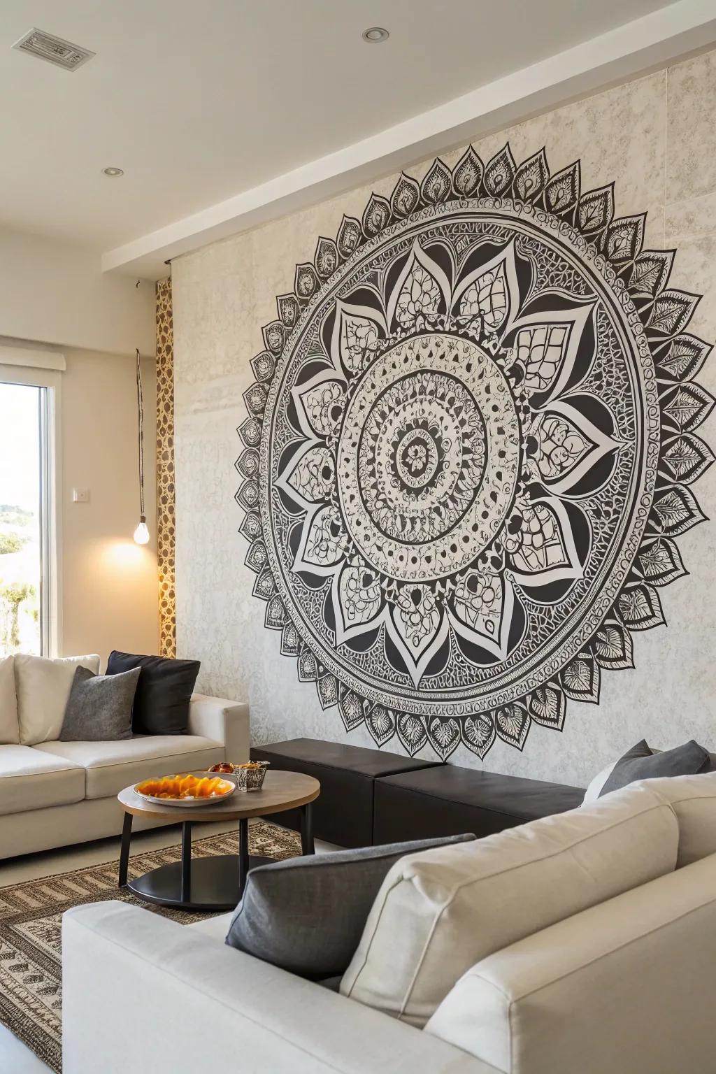 A striking zentangle piece elevates this living room.