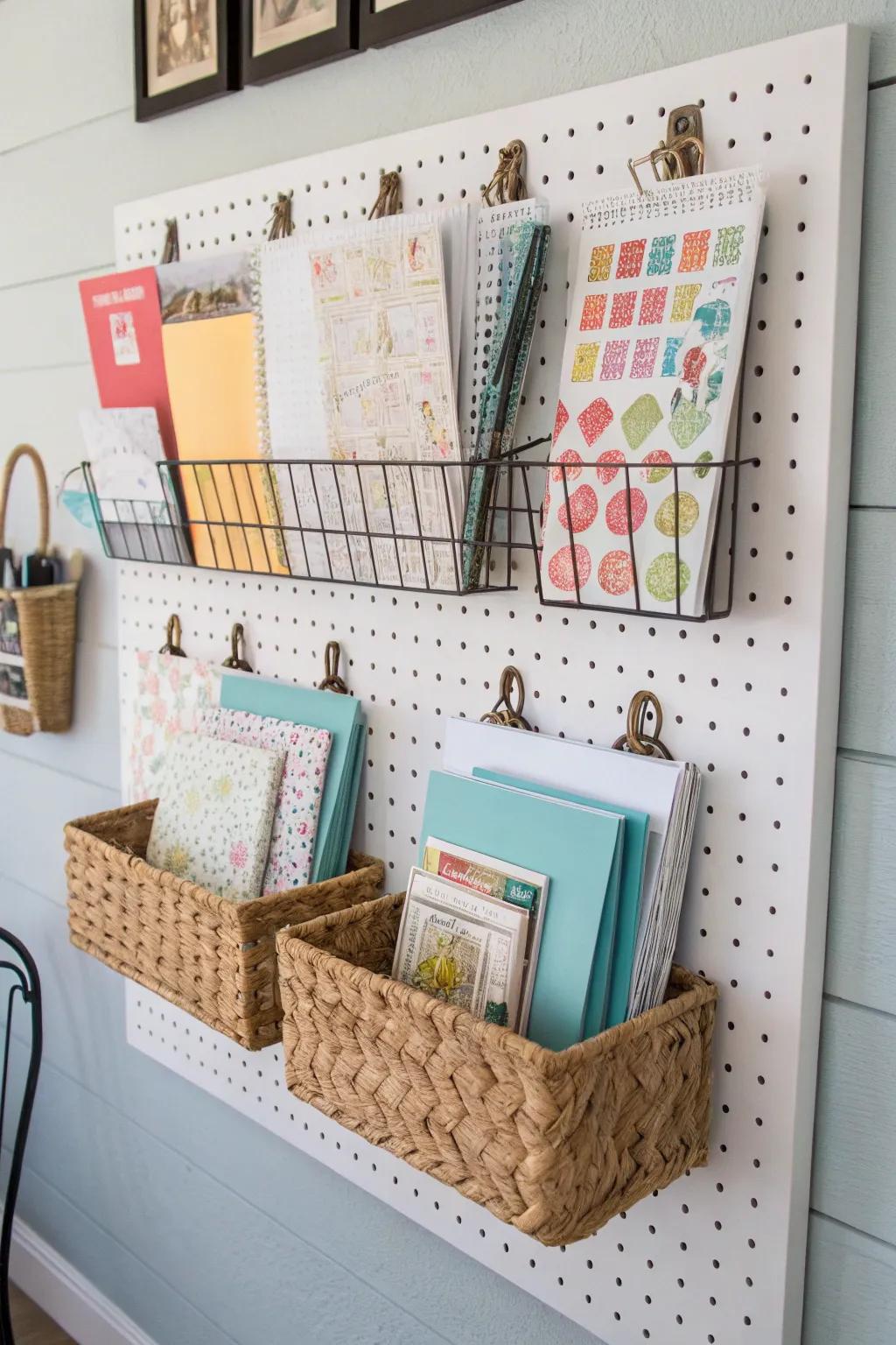 A DIY pegboard system turns paper storage into a colorful and inspiring room feature.