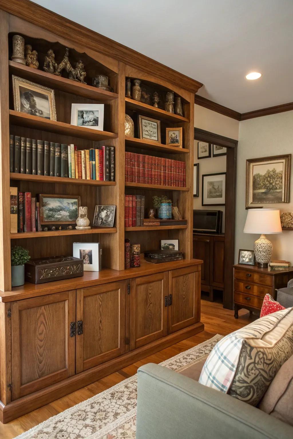 Built-in shelving offers both style and storage, perfect for displaying personal treasures.