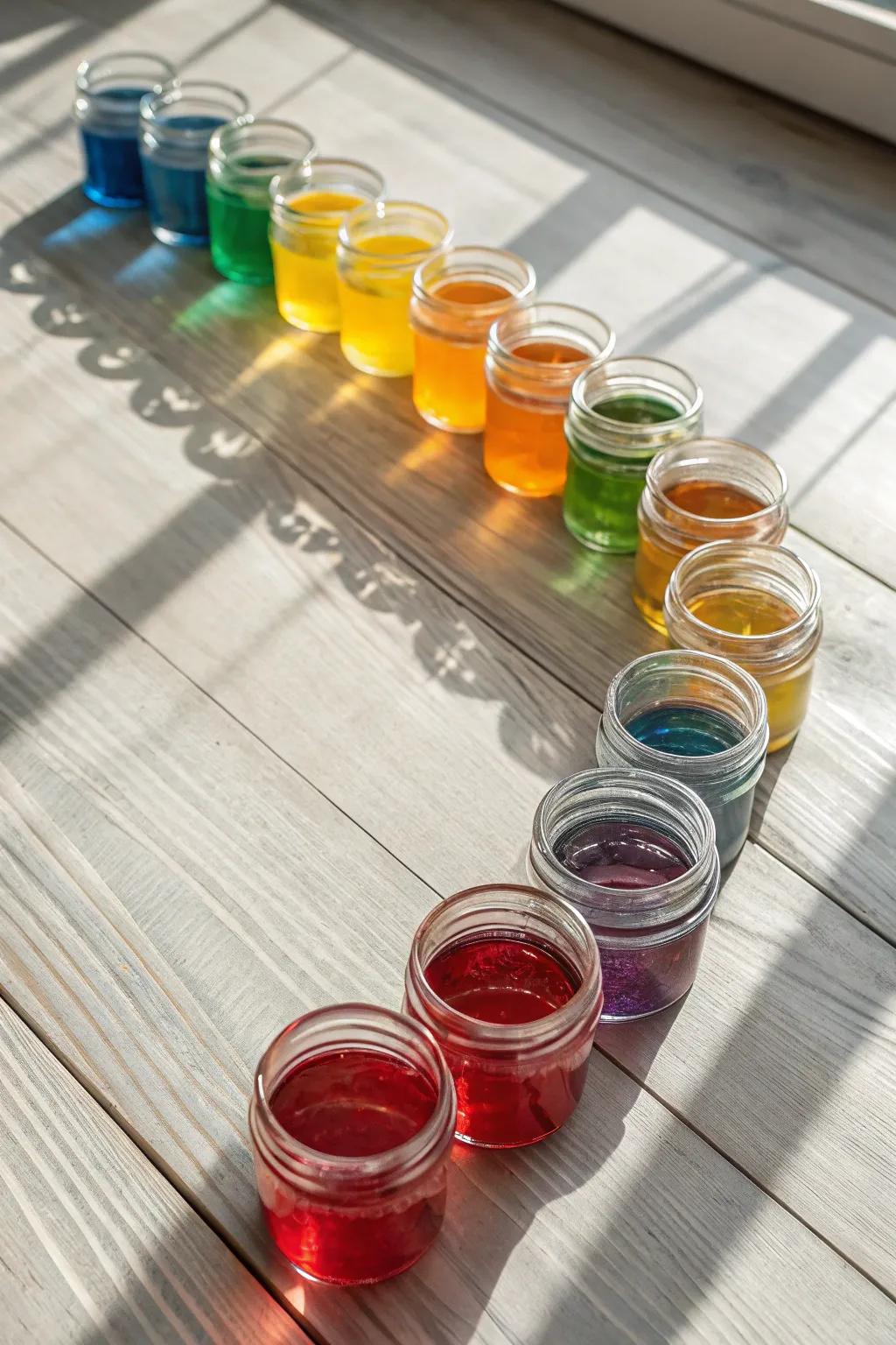 Discover the enchanting spectrum of colors with this minimalist glass jar color wheel, a perfect blend of simplicity and artistry.