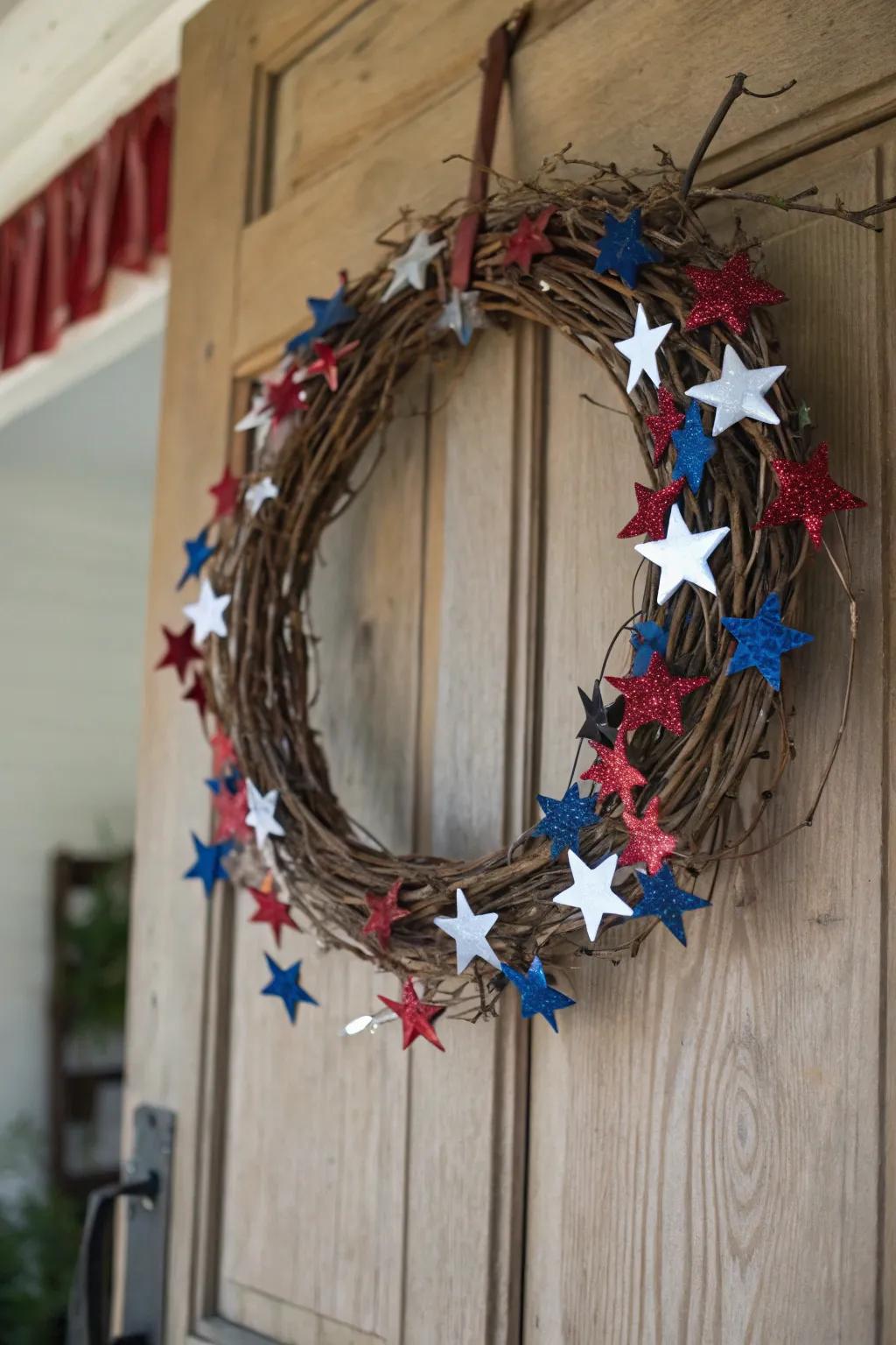 A chic stars and willow wreath that brings a rustic elegance to your decor.