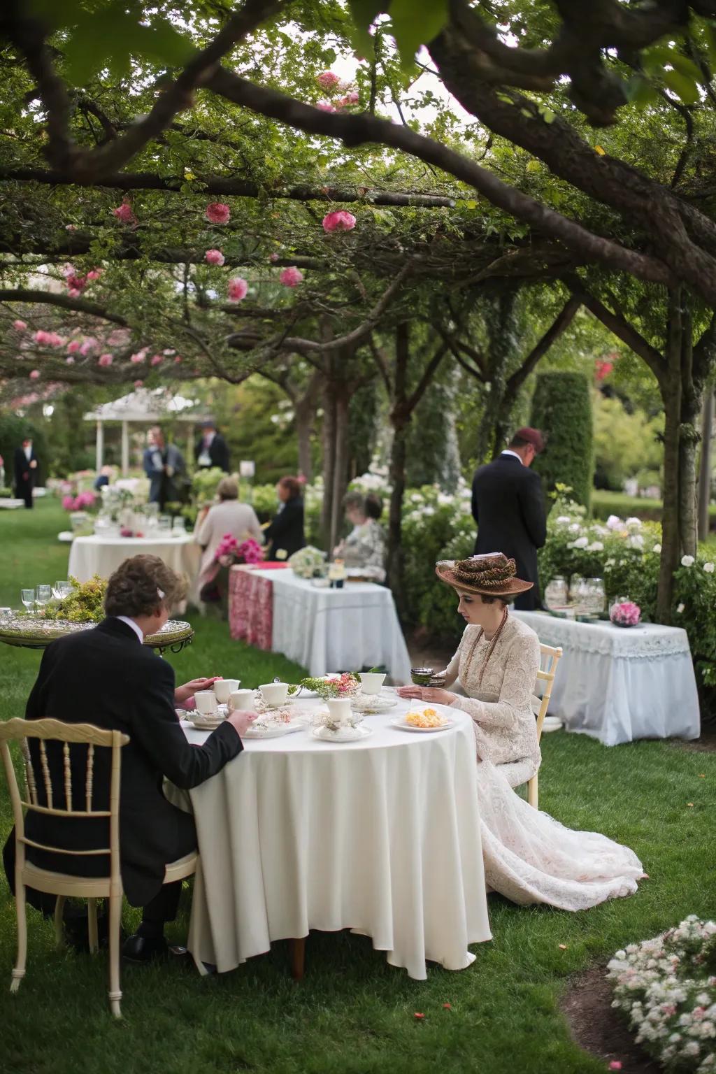 A garden tea party offers elegance and tranquility for a 50th celebration.