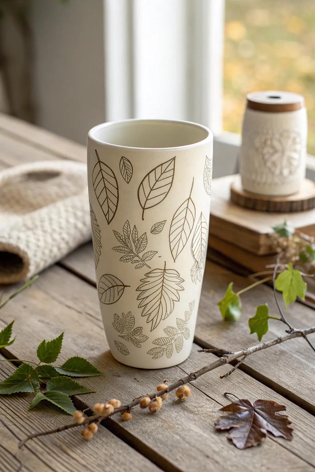 Sip serenity with this exquisite leaf-patterned tumbler, a perfect gift for nature lovers embracing simplicity and elegance.