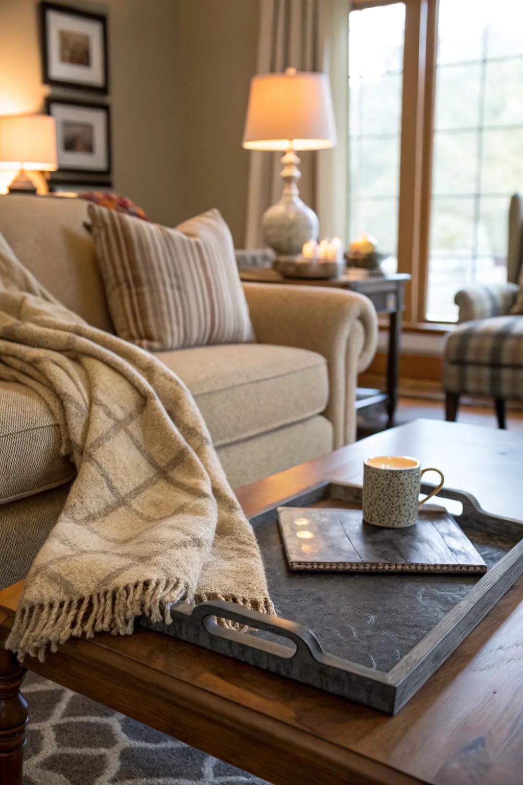 Combine style and comfort with a slate tray and blanket set.