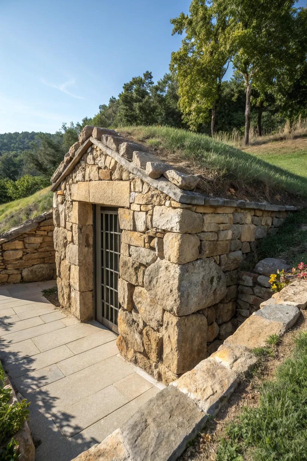 Discover the rustic elegance of stonework with this stunning above-ground root cellar.