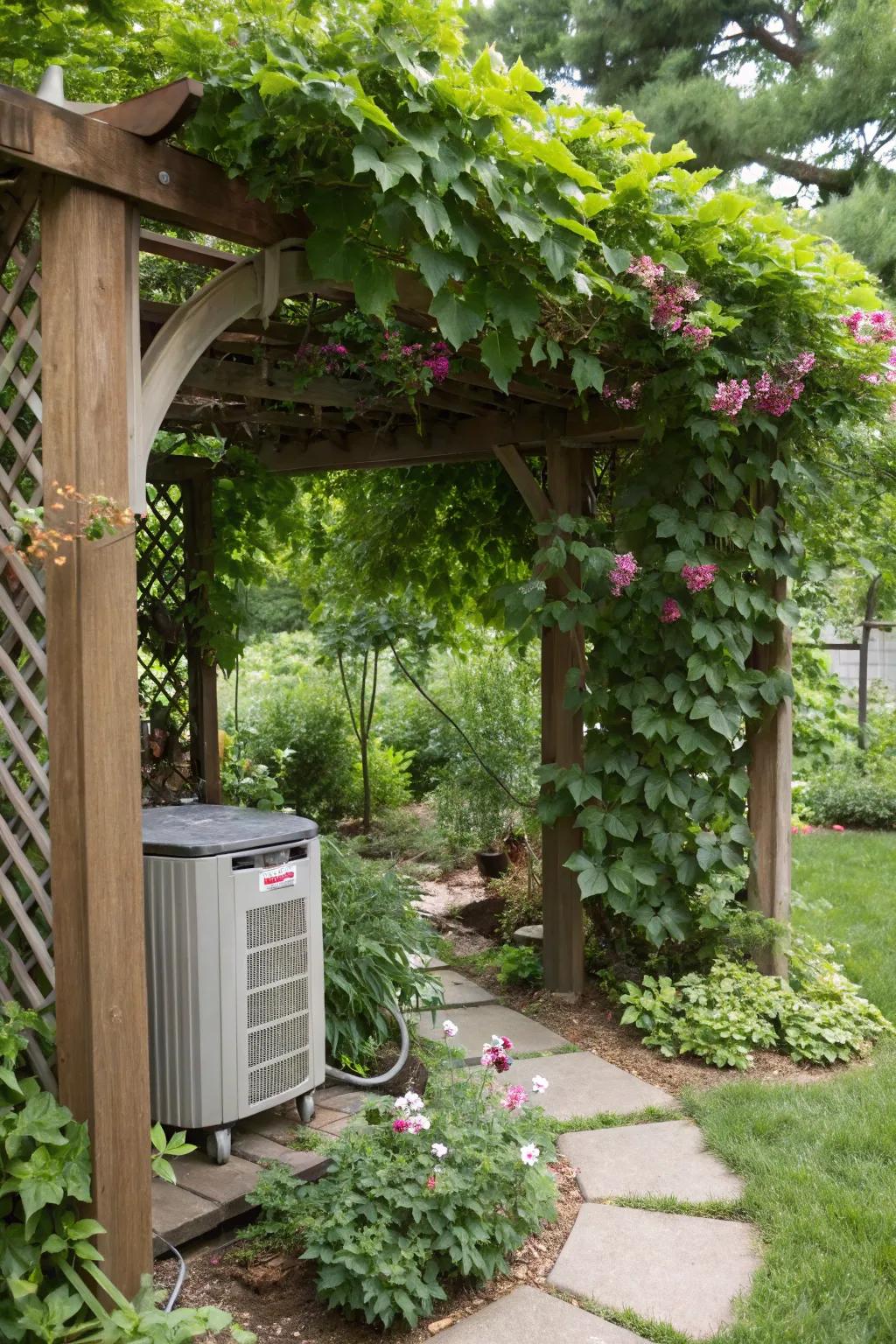 Trellises with vines create a natural cover for AC units.