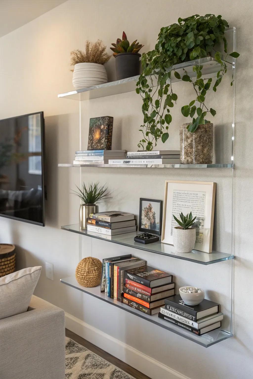 Floating acrylic shelves provide elegant storage solutions.