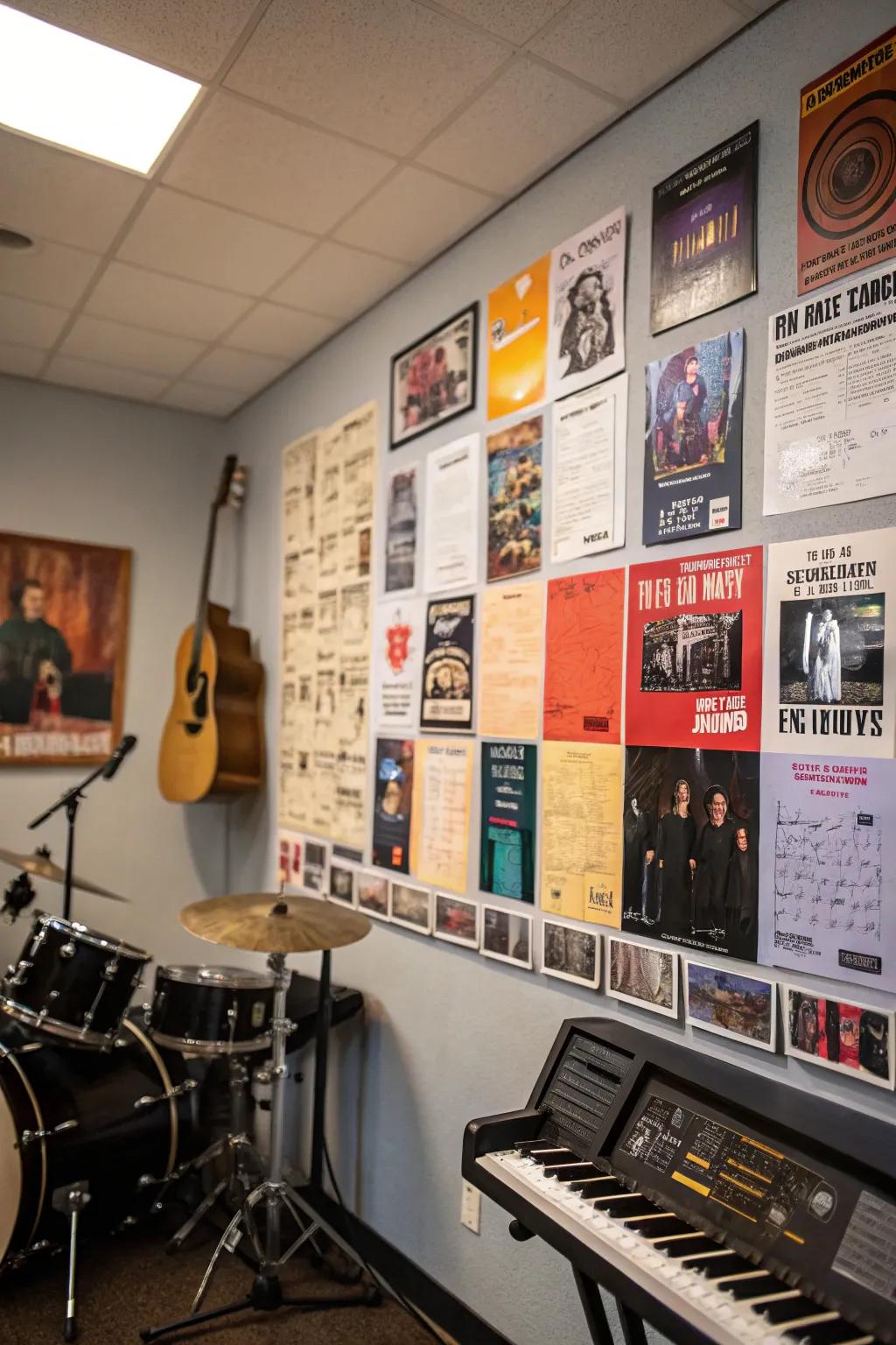 A music-themed collage with album covers and concert memorabilia.