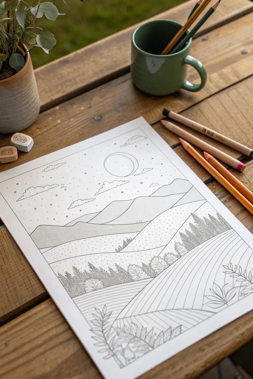 Unleash your creativity with this dreamy landscape coloring page, where simplicity and elegance meet.