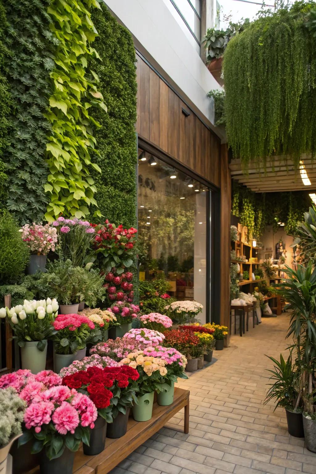 Green wall adding a lush touch to a flower shop