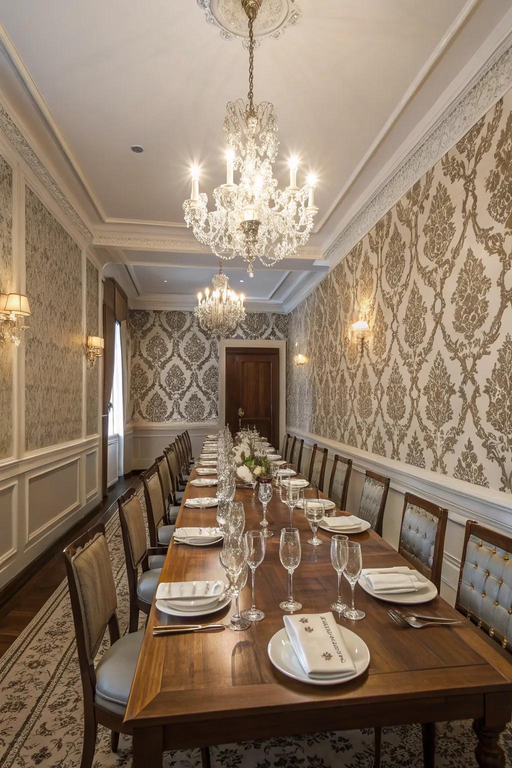 A dining room with elegant damask wallpaper enhancing sophistication.