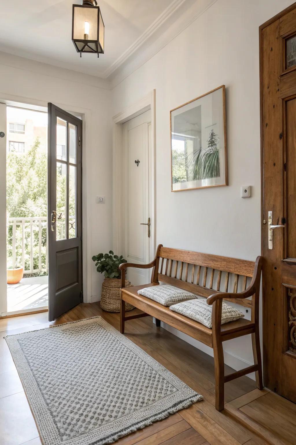 A bench with character adds warmth to your entryway.