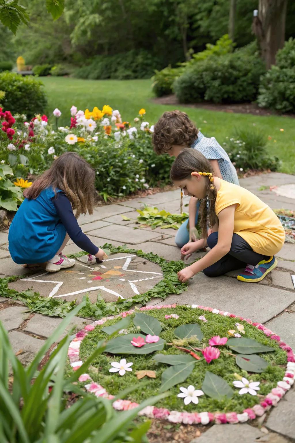 Kids enjoying nature art, using leaves and flowers to craft beautiful, organic artworks.